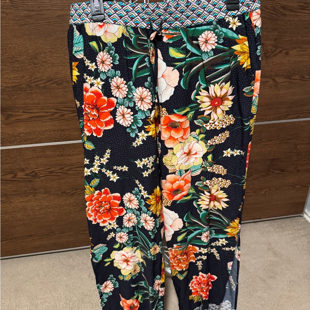 Johnny Was Black Floral Border Split Pants Sz L - Picture 4 of 13